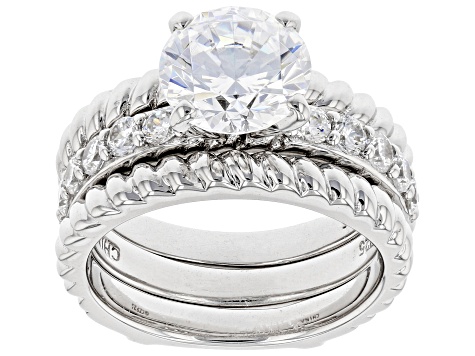 Pre-Owned White Cubic Zirconia Rhodium Over Sterling Silver Ring With Guard 2.40ctw