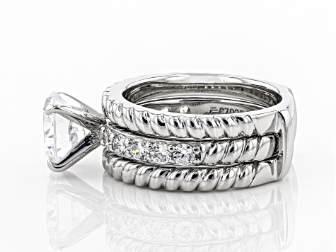 Pre-Owned White Cubic Zirconia Rhodium Over Sterling Silver Ring With Guard 2.40ctw
