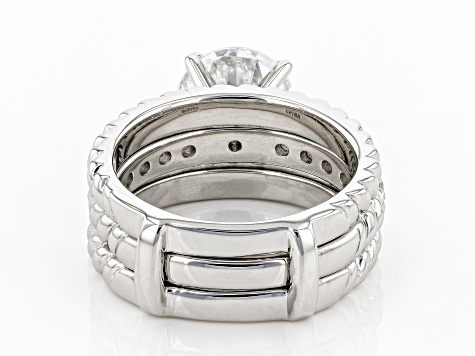 Pre-Owned White Cubic Zirconia Rhodium Over Sterling Silver Ring With Guard 2.40ctw