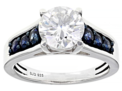 Pre-Owned Moissanite And Blue Sapphire Platineve Ring 1.90ct DEW