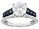 Pre-Owned Moissanite And Blue Sapphire Platineve Ring 1.90ct DEW