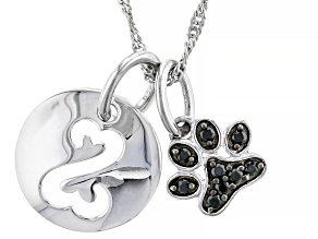 Pre-Owned Round Black Spinel Rhodium Over Sterling Silver Paw Print Pendant With Chain 0.15ctw