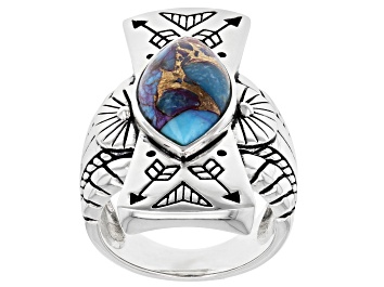 Picture of Pre-Owned Blended Turquoise and Purple Spiny Oyster Shell Rhodium Over Silver Ring