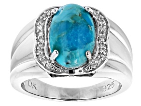 Pre-Owned  12mm x 8mm Turquoise and 0.15ctw Zircon Rhodium Over Sterling Silver Ring