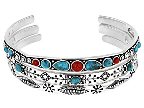 Pre-Owned Blue Turquoise and Red Sponge Coral Sterling Silver Set of 3 Bangle Bracelets