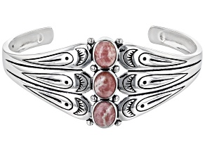 Pre-Owned Oval Pink Rhodochrosite Rhodium over Sterling Silver 3-Stone Bracelet