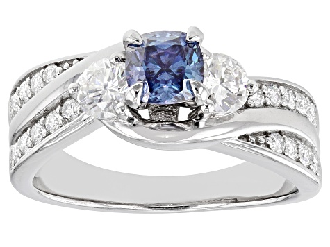 Pre-Owned Blue and Colorless Moissanite Platineve Ring 1.50ctw DEW.