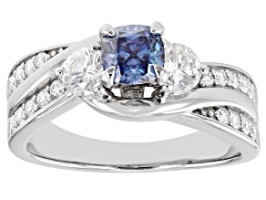 Pre-Owned Blue and Colorless Moissanite Platineve Ring 1.50ctw DEW.
