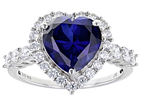 Pre-Owned Lab Created Sapphire & White Cubic Zirconia Rhodium Over Sterling Silver Halo Ring 5.60ctw