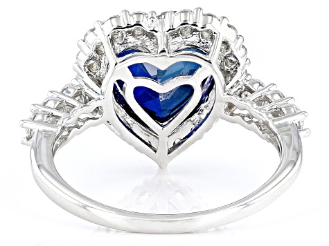 Pre-Owned Lab Created Sapphire & White Cubic Zirconia Rhodium Over Sterling Silver Halo Ring 5.60ctw