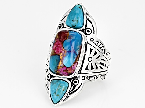Pre-Owned Blended Turquoise and Purple Spiny Oyster Shell Rhodium Over Silver Ring