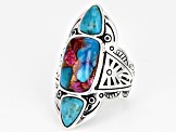 Pre-Owned Blended Turquoise and Purple Spiny Oyster Shell Rhodium Over Silver Ring