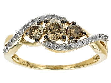 Picture of Pre-Owned Champagne And White Diamond 10k Yellow Gold 3-Stone Ring 0.81ctw