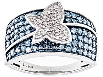 Picture of Pre-Owned Blue And White Diamond Rhodium Over Sterling Silver Butterfly Ring 1.00ctw