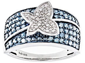 Pre-Owned Blue And White Diamond Rhodium Over Sterling Silver Butterfly Ring 1.00ctw