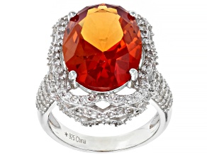 Pre-Owned Orange Lab Created Padparadscha Sapphire Rhodium Over Silver Ring 11.8ctw