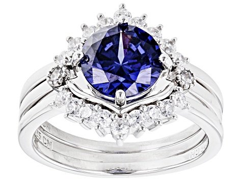 Pre-Owned Blue And White Cubic Zirconia Rhodium Over Sterling Silver 3 Ring Set 4.46ctw