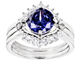Pre-Owned Blue And White Cubic Zirconia Rhodium Over Sterling Silver 3 Ring Set 4.46ctw