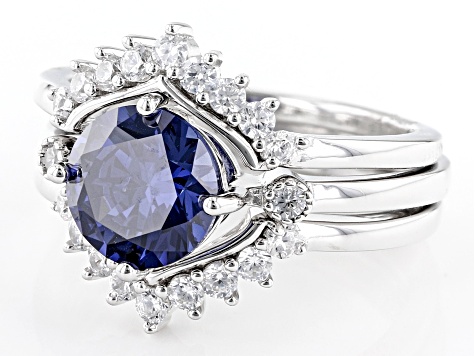Pre-Owned Blue And White Cubic Zirconia Rhodium Over Sterling Silver 3 Ring Set 4.46ctw