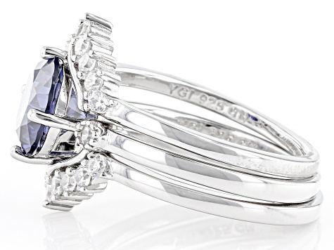 Pre-Owned Blue And White Cubic Zirconia Rhodium Over Sterling Silver 3 Ring Set 4.46ctw