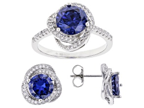 Pre-Owned Blue And White Cubic Zirconia Rhodium Over Sterling Silver Jewelry Set 8.72ctw