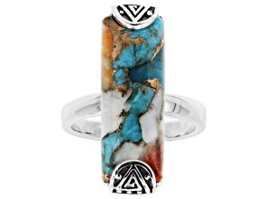 Pre-Owned Blended Turquoise and Orange Spiny Oyster Shell Rhodium Over Silver Ring