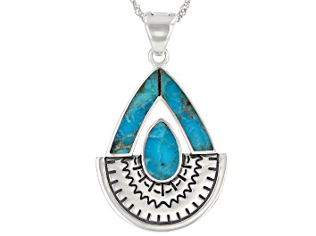 Picture of Pre-Owned Turquoise Rhodium Over Sterling Silver Enhancer with 18" Chain