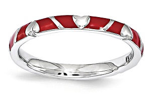 Pre-Owned Red Enamel Rhodium Over Sterling Silver Heart Band Ring