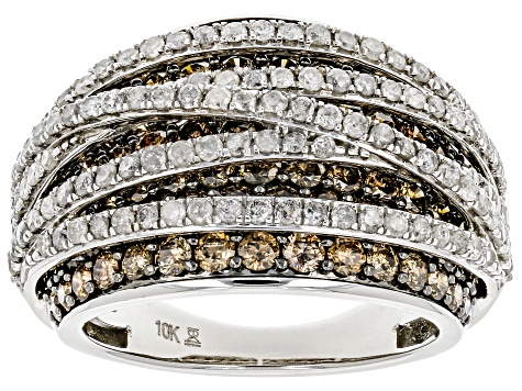 Pre-Owned Champagne And White Diamond 10k White Gold Crossover Wide Band Ring 4.00ctw