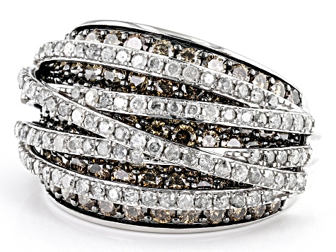 Pre-Owned Champagne And White Diamond 10k White Gold Crossover Wide Band Ring 4.00ctw