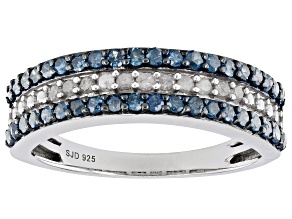 Pre-Owned Blue And White Diamond Rhodium Over Sterling Silver Multi-Row Ring 0.75ctw