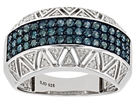 Pre-Owned Blue And White Diamond Rhodium Over Sterling Silver Band Ring 0.80ctw