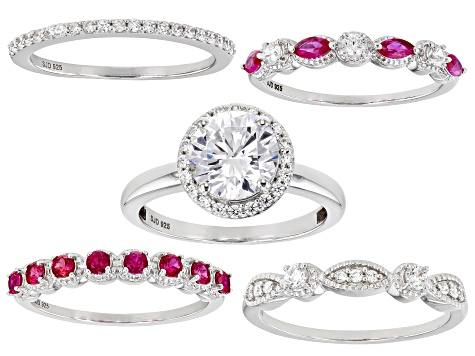 Pre-Owned Lab Created Ruby And White Cubic Zirconia Platinum Over Sterling Silver 5 Ring Set 4.74ctw