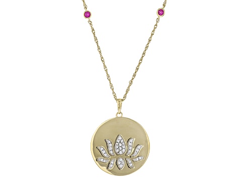 Pre-Owned White Cubic Zirconia & Red Lab Ruby 14k Yellow Gold Over Sterling Silver Lotus Flower Pend
