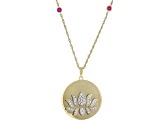 Pre-Owned White Cubic Zirconia & Red Lab Ruby 14k Yellow Gold Over Sterling Silver Lotus Flower Pend