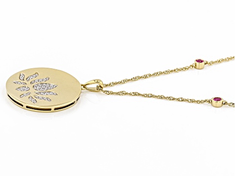 Pre-Owned White Cubic Zirconia & Red Lab Ruby 14k Yellow Gold Over Sterling Silver Lotus Flower Pend