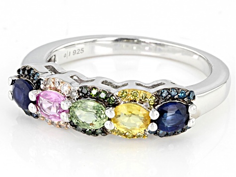 Pre-Owned Multi Color Sapphire And Multi Color Diamond Rhodium Over Sterling Silver Ring 1.23ctw