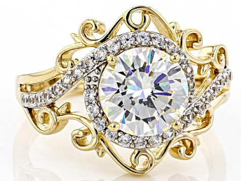 Pre-Owned strontium titanate and white zircon 18k yellow gold over silver solitaire ring 2.