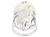 Pre-Owned White Cultured Freshwater Pearl Rhodium Over Sterling Silver Ring