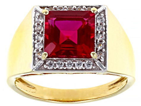 Pre-Owned Red Lab Created Ruby 18k Yellow Gold Over Sterling Silver Men's Ring 3.88ctw