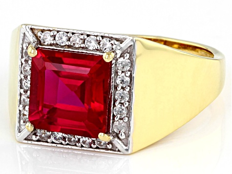 Pre-Owned Red Lab Created Ruby 18k Yellow Gold Over Sterling Silver Men's Ring 3.88ctw