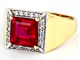 Pre-Owned Red Lab Created Ruby 18k Yellow Gold Over Sterling Silver Men's Ring 3.88ctw