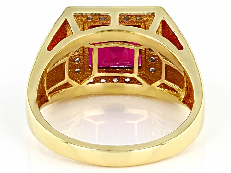 Pre-Owned Red Lab Created Ruby 18k Yellow Gold Over Sterling Silver Men's Ring 3.88ctw