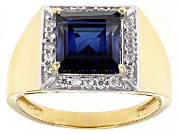 Picture of Pre-Owned Blue Lab Created Sapphire 18k Yellow Gold Over Sterling Silver Men's Ring 3.84ctw