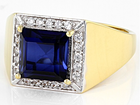 Pre-Owned Blue Lab Created Sapphire 18k Yellow Gold Over Sterling Silver Men's Ring 3.84ctw