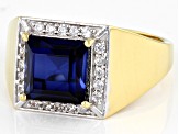 Pre-Owned Blue Lab Created Sapphire 18k Yellow Gold Over Sterling Silver Men's Ring 3.84ctw