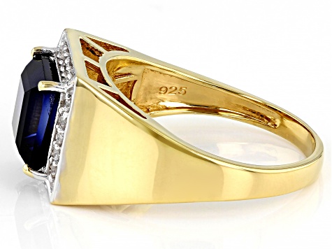 Pre-Owned Blue Lab Created Sapphire 18k Yellow Gold Over Sterling Silver Men's Ring 3.84ctw