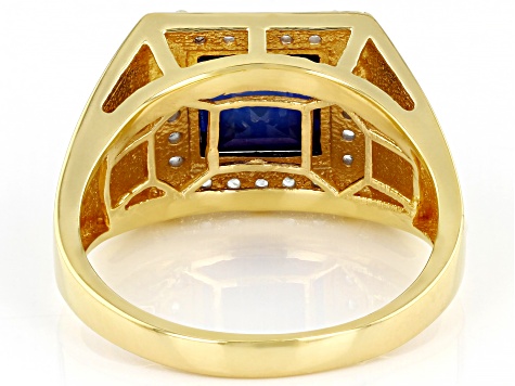 Pre-Owned Blue Lab Created Sapphire 18k Yellow Gold Over Sterling Silver Men's Ring 3.84ctw