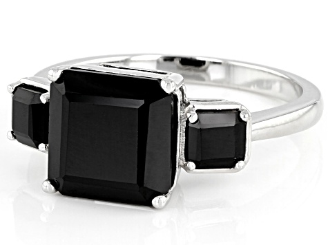 Pre-Owned Black Spinel Rhodium Over Sterling Silver 3-Strone Ring 3.74ctw