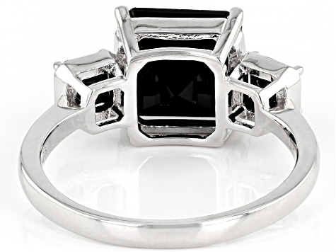 Pre-Owned Black Spinel Rhodium Over Sterling Silver 3-Strone Ring 3.74ctw